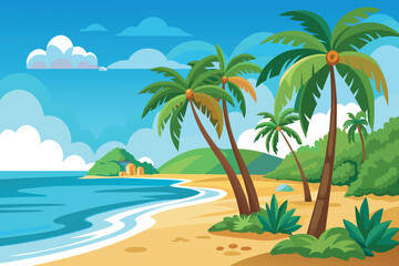 A tropical beach scene with palm trees and a blue ocean