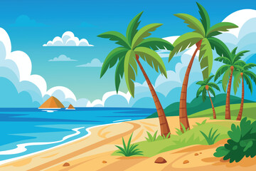 A beautiful beach scene with palm trees and a blue ocean