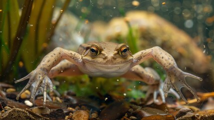 A front-facing view of a frog floating in water, its eyes gazing directly at the viewer creating a compelling image