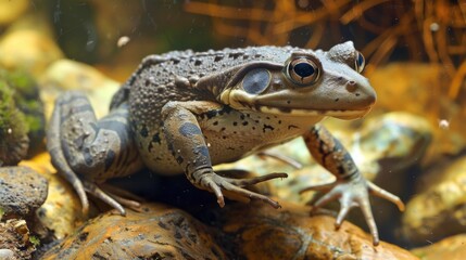 Obraz premium A close-up image of a frog resting on wet leaves, showcasing its textured skin and reflective eyes