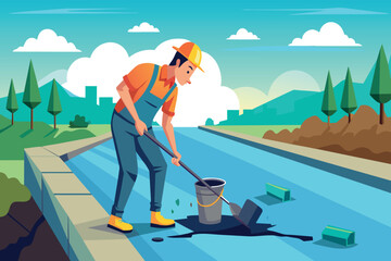 A man in a yellow shirt and blue overalls is cleaning up a spill on a sidewalk
