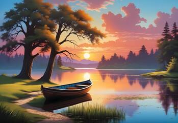 Wooden rowing boat on a calm lake at sunset, beautiful scenery, trees, mountains in the distance.