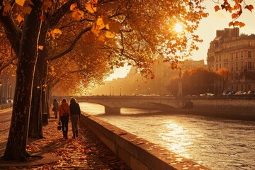 A couple walking by the river near the bridge in the autumn sun - obrazy, fototapety, plakaty