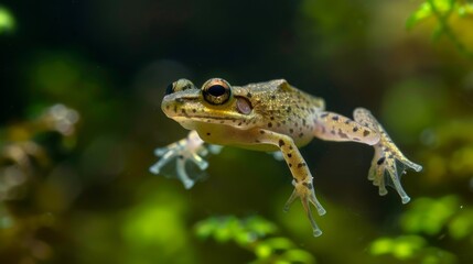 Fototapeta premium A frog is portrayed suspended in the translucent blue water, with its legs gracefully spread ready to swim