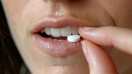 Obraz premium A person closely assists another in taking a pill, momentarily pausing toothbrushing