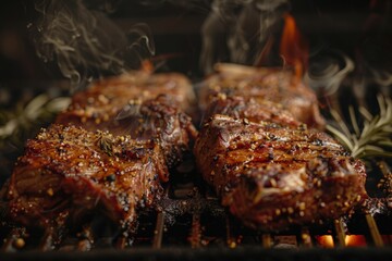 Grilled lamb, interplay create depth and texture, Char-grilled steak on grill, rising smoke adds...