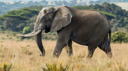 An adult African elephant roams a grassy savannah, its tusks and textured skin highlighted in the sunlight