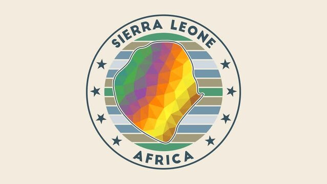 Sierra Leone intro video. Badge with the circular name and map of the country in low poly tech geometric style. Cool country round logo animation.