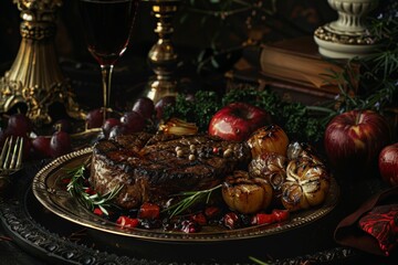 Steak dinner, with rich and textures, Steak dinner on golden plate, lit by candlelight, surrounded by fresh produce, creating an atmosphere of elegance and gastronomic pleasure.