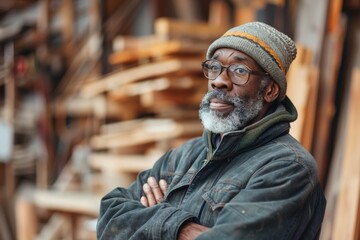 African American craftsman in a moment of contemplation, Elder with full beard, wearing glasses and a beanie, arms crossed, standing amidst wooden materials.