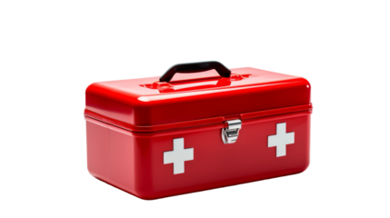A red medical box with a prominent cross symbol ready to provide aid in emergencies on transparent background