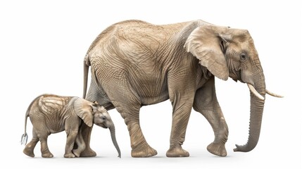 An adult elephant and its calf isolated on a white background, showcasing their bond and family units of these majestic creatures
