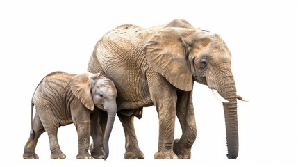 Fototapeta premium An intimate scene of an adult elephant nursing its young calf, presented on a clean white canvas emphasizing their presence