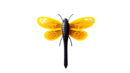 A vibrant yellow and black insect gracefully moves across a pristine white background on transparent background