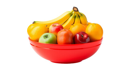 A vibrant red bowl overflows with a colorful variety of fresh fruit on transparent background