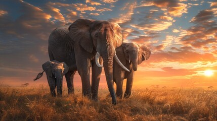 Fototapeta premium A stunning vista of a family of elephants under a breathtaking sunset sky, emphasizing the beauty of wildlife