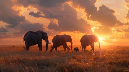 Silhouettes of elephants moving gracefully across the savanna bathed in the warm glow of setting sun
