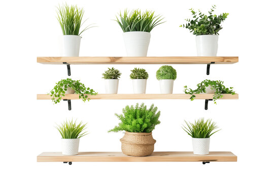 Wooden shelves with different houseplants in pots on a transparent background