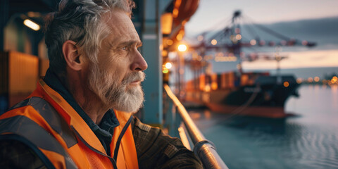A middle-aged worker in an orange vest and helmet is watching the loading of cargo containers onto ships at sunset, with his face focused on the camera