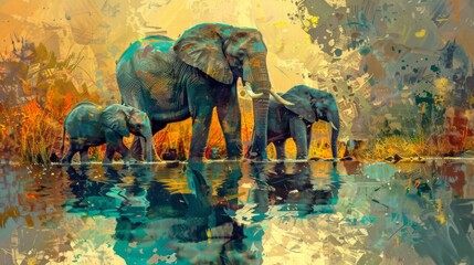 Elephants by a waterhole with vibrant, abstract colors reflecting a lively, artistic interpretation