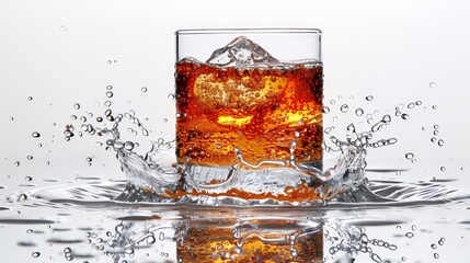   A glass of soda on a white background, filled with ice cubes and gently splashed by water, reflecting the image