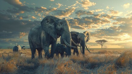 An elephant family peacefully enjoys a moment of bonding in the golden light of the sunset across...