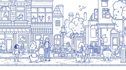 Charming Line Art of a Bustling City Street Scene with Cartoon People and Pets