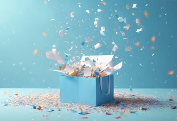 'bag confetti Winter shopping abstract concept background. flying space white blue design box pastel 3D Copy rendering gift creative text area. shop sale three-dimensional a'