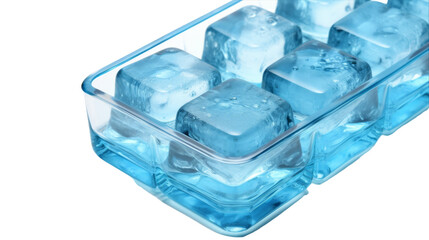 A tray with six perfectly formed ice cubes ready for use on transparent background