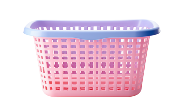 A vibrant pink and blue laundry basket whimsically posed on a white background on transparent background