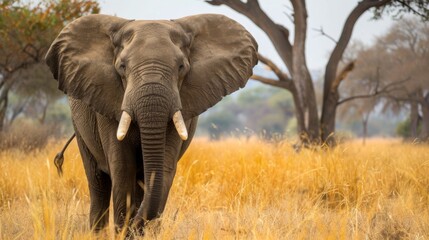 Obraz premium A lone elephant roams the savannah, perfectly blending with the golden yellow grasses under a soft sky