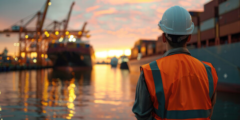 A middle-aged worker in an orange vest and helmet is watching the loading of cargo containers onto ships at sunset, with his face focused on the camera - Powered by Adobe