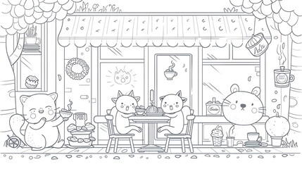 Cozy and Charming Cartoon Caf Scene with Animals Enjoying Sweets and Beverages