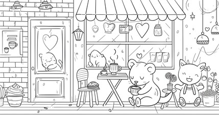 Cozy Cartoon Caf with Cute Animals Enjoying Coffee and Pastries