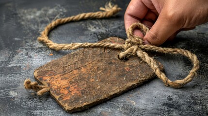   A person attaches a rope end to a wooden post on a metal surface, placing another rope segment atop it