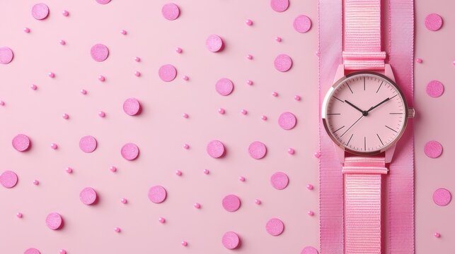   A pink watch atop a pink surface, adorned with pink dots as its side accents