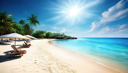 beach with white sand and umbrellas. sea tropical paradise.