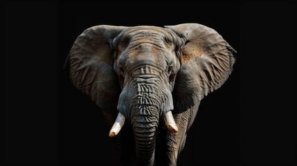 An evocative portrait of a majestic elephant looking directly at the camera against a stark black background