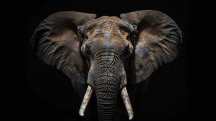 Fototapeta premium A striking front view of an African Elephant, showcasing its impressive tusks and textured skin against a dark background