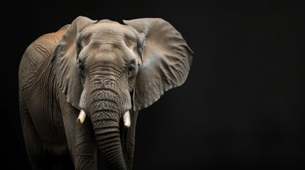 Obraz premium Presenting a detailed side profile of an elephant’s head with one ear gracefully flapping, giving a sense of motion on a black background