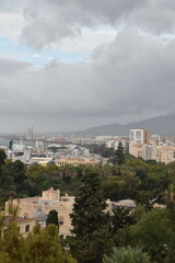 Aerial view of Malaga Spain with buildings and landmarks. 