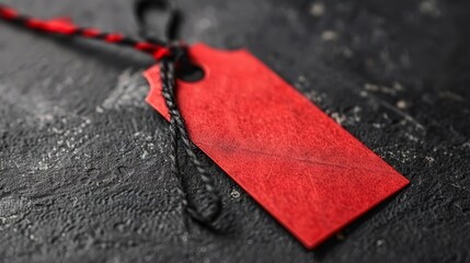   A red tag, tethered by a black string, against a uniformly black background; the tag bears a red counterpart affixed