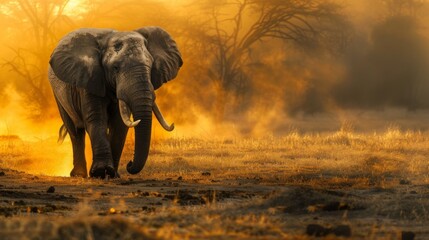 A massive African elephant majestically strides through a cloud of dust against a backdrop of stark trees and golden light