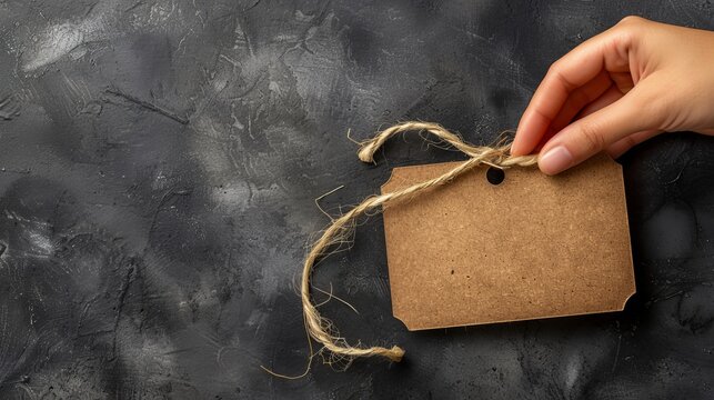   A hand holds a string connecting a brown paper parcel to a dark background