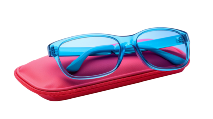 A stylish pair of glasses rests atop a vibrant red case on transparent background