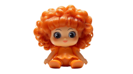 A toy doll with bright orange hair is peacefully sitting on a white surface on transparent background