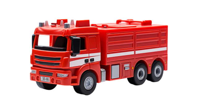 A red toy fire truck sits on a white background, ready for action on transparent background - Powered by Adobe