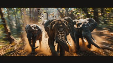 A dynamic representation of an elephant herd stampeding through a dense forest with strong visual effects