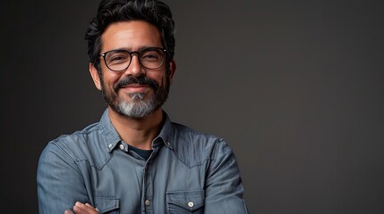 A Hispanic man with beard wearing casual clothes and glasses happy face smiling with crossed arms looking at the camera, positive person