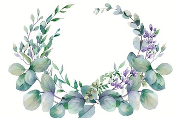 Watercolor vector wreath with green eucalyptus leaves, purple flowers and branches. - Powered by Adobe